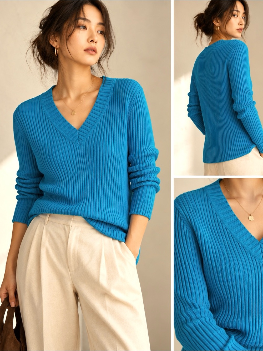 Plus Size 2X Bright Blue Ribbed V-Neck Sweater 100%Cotton Addition Elle